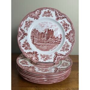 VtgPink/Red transferware dinner plates Johnson Brothers Old Britain Castles, 10"